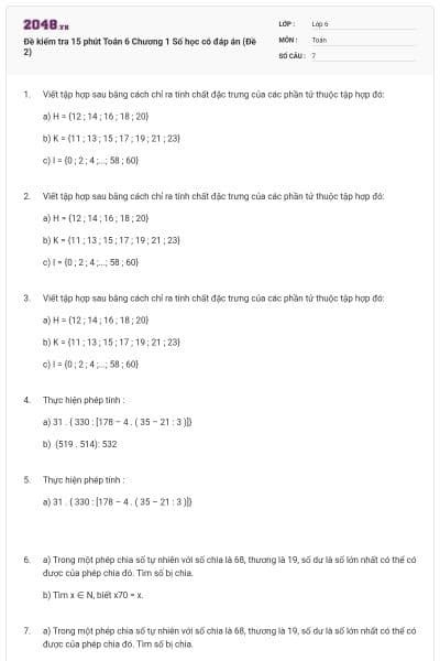 Đề kiểm tra 15 phút Toán 6 Chương 1 Số học có đáp án (Đề 2)