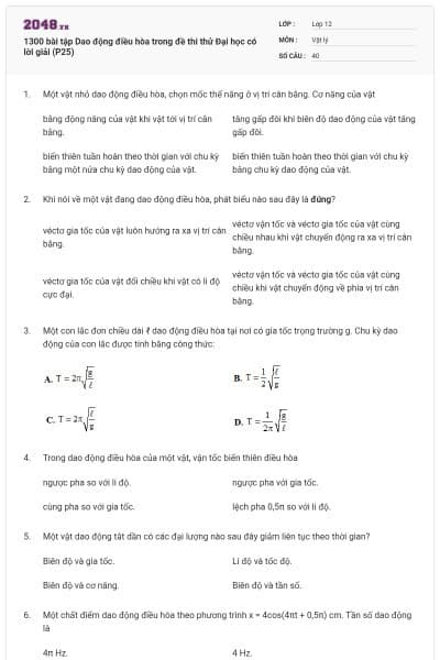 1300 bài tập Dao động điều hòa trong đề thi thử Đại học có lời giải (P25)