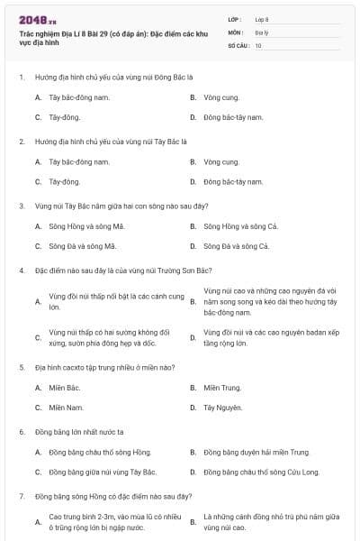 Trắc nghiệm Địa Lí 8 Bài 29 (có đáp án): Đặc điểm các khu vực địa hình