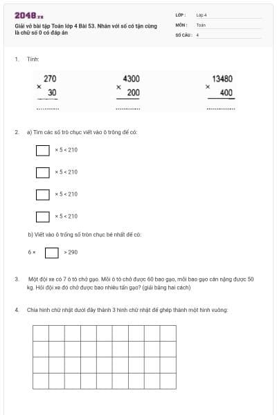 Giải vở bài tập Toán lớp 4 Bài 53. Nhân với số có tận cùng là chữ số 0 có đáp án