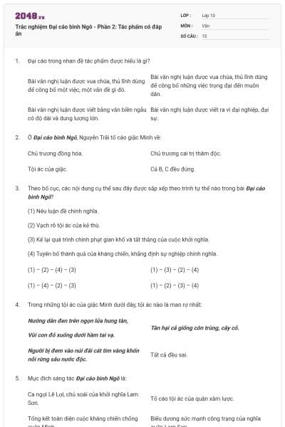 Trắc nghiệm Đại cáo bình Ngô - Phần 2: Tác phẩm có đáp án