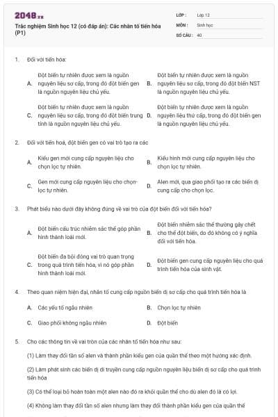Trắc nghiệm Sinh học 12 (có đáp án): Các nhân tố tiến hóa (P1)