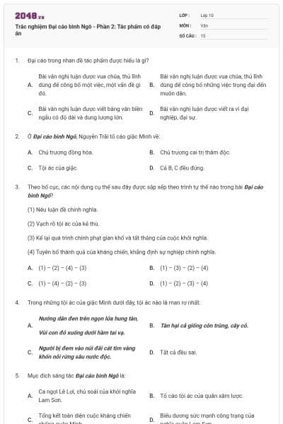 Trắc nghiệm Đại cáo bình Ngô - Phần 2: Tác phẩm có đáp án