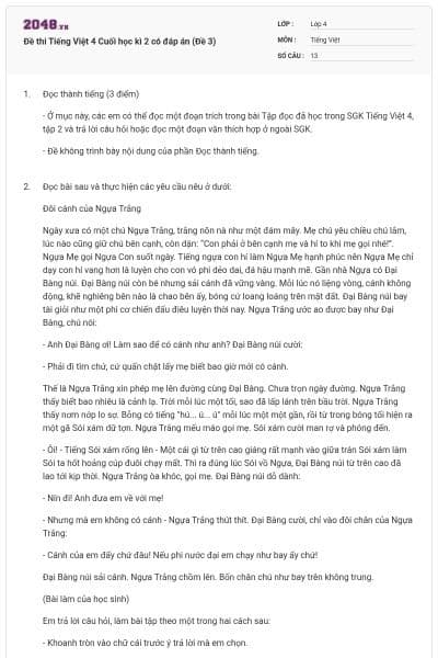 Đề thi Tiếng Việt 4 Cuối học kì 2 có đáp án (Đề 3)
