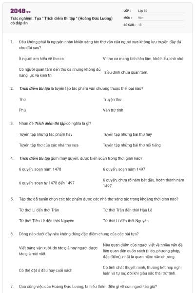 Trắc nghiệm: Tựa " Trích diễm thi tập " (Hoàng Đức Lương) có đáp án