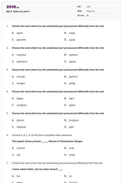 Bài 9: Kiểm tra unit 4