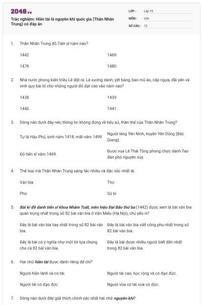 Trắc nghiệm: Hiền tài là nguyên khí quốc gia (Thân Nhân Trung) có đáp án