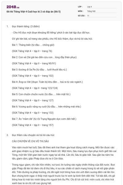 Đề thi Tiếng Việt 4 Cuối học kì 2 có đáp án (Đề 5)