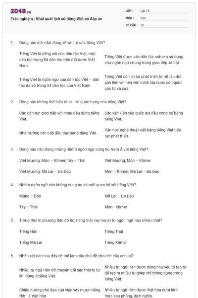Trắc nghiệm : Khái quát lịch sử tiếng Việt có đáp án