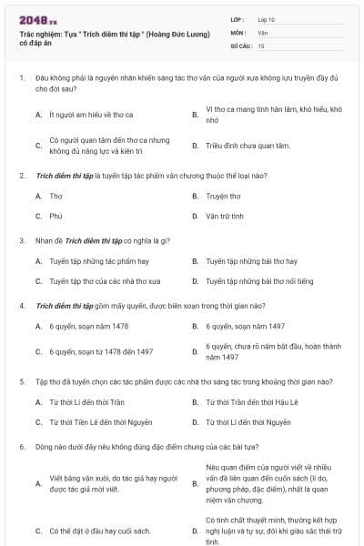 Trắc nghiệm: Tựa " Trích diễm thi tập " (Hoàng Đức Lương) có đáp án