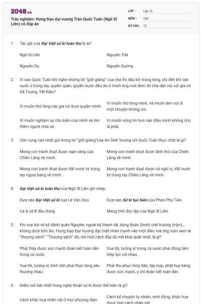 Trắc nghiệm: Hưng Đạo đại vương Trần Quốc Tuấn (Ngô Sĩ Liên) có đáp án