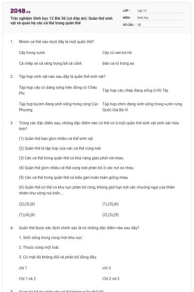 Trắc nghiệm Sinh học 12 Bài 36 (có đáp án): Quần thể sinh vật và quan hệ các cá thể trong quần thể