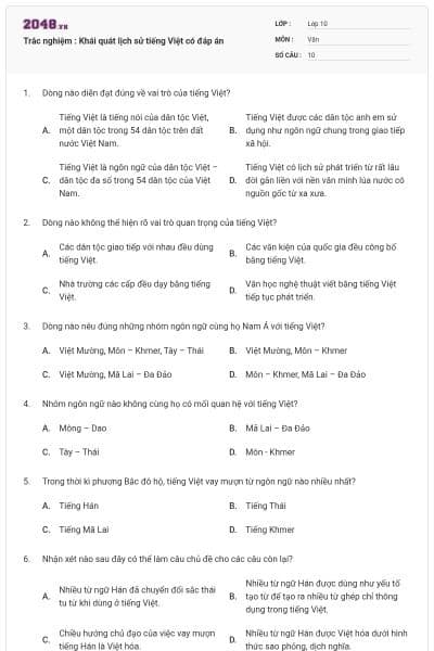 Trắc nghiệm : Khái quát lịch sử tiếng Việt có đáp án