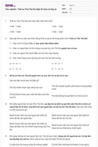 Trắc nghiệm : Thái sư Trần Thủ Độ (Ngô Sĩ Liên) có đáp án