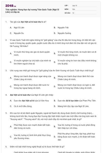 Trắc nghiệm: Hưng Đạo đại vương Trần Quốc Tuấn (Ngô Sĩ Liên) có đáp án