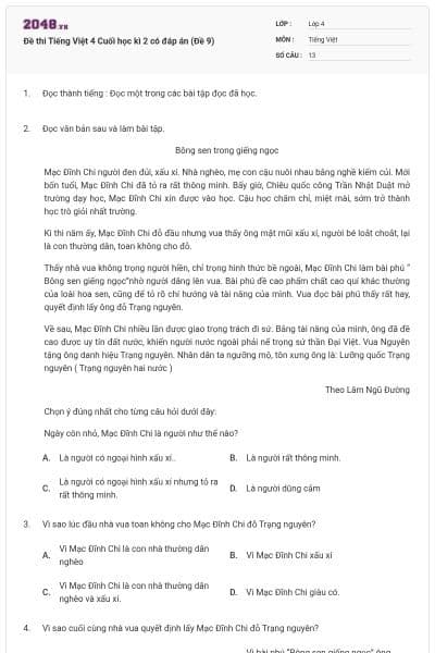 Đề thi Tiếng Việt 4 Cuối học kì 2 có đáp án (Đề 9)