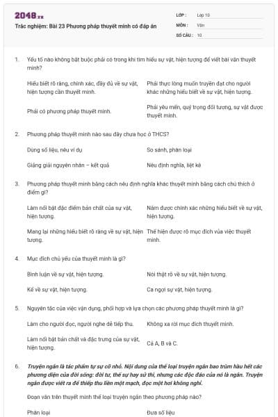 Trắc nghiệm: Bài 23 Phương pháp thuyết minh có đáp án