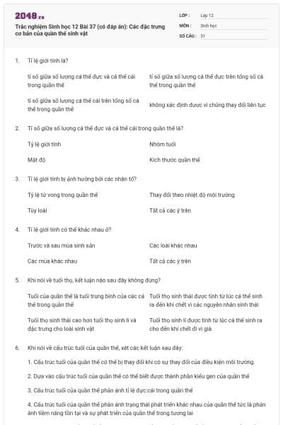 Trắc nghiệm Sinh học 12 Bài 37 (có đáp án): Các đặc trưng cơ bản của quần thể sinh vật