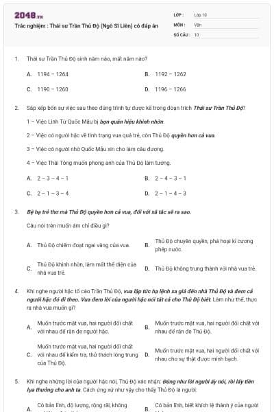 Trắc nghiệm : Thái sư Trần Thủ Độ (Ngô Sĩ Liên) có đáp án