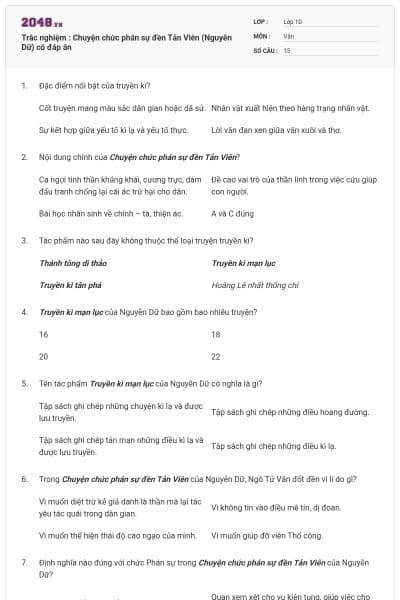 Trắc nghiệm : Chuyện chức phán sự đền Tản Viên (Nguyễn Dữ) có đáp án