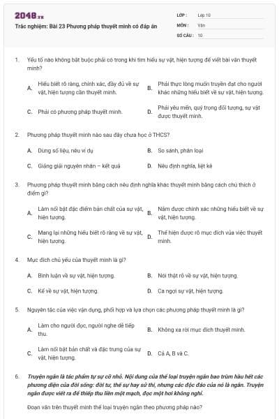 Trắc nghiệm: Bài 23 Phương pháp thuyết minh có đáp án