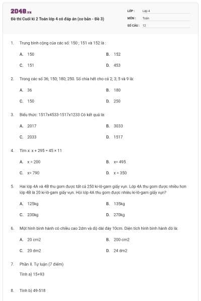 Đề thi Cuối kì 2 Toán lớp 4 có đáp án (cơ bản - Đề 3)