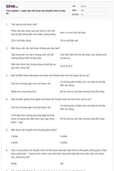 Trắc nghiệm : Luyện tập viết đoạn văn thuyết minh có đáp án