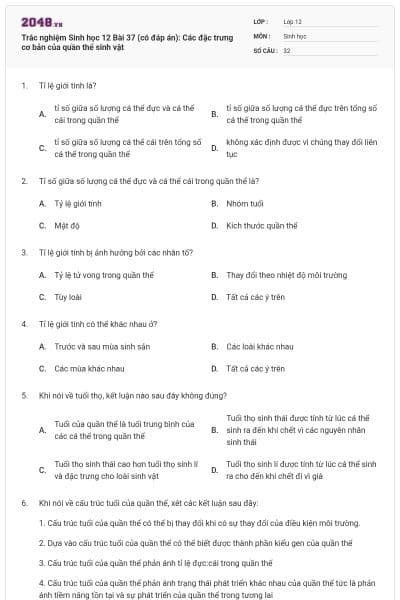 Trắc nghiệm Sinh học 12 Bài 37 (có đáp án): Các đặc trưng cơ bản của quần thể sinh vật
