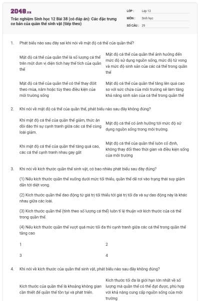 Trắc nghiệm Sinh học 12 Bài 38 (có đáp án): Các đặc trưng cơ bản của quần thể sinh vật (tiếp theo)