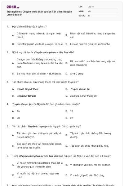 Trắc nghiệm : Chuyện chức phán sự đền Tản Viên (Nguyễn Dữ) có đáp án