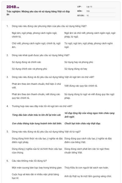 Trắc nghiệm: Những yêu cầu về sử dụng tiếng Việt có đáp án