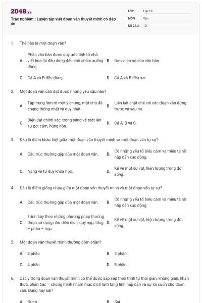 Trắc nghiệm : Luyện tập viết đoạn văn thuyết minh có đáp án