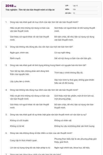 Trắc nghiệm : Tóm tắt văn bản thuyết minh có đáp án
