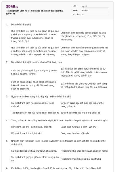 Trắc nghiệm Sinh học 12 (có đáp án): Diễn thế sinh thái (phần 1)