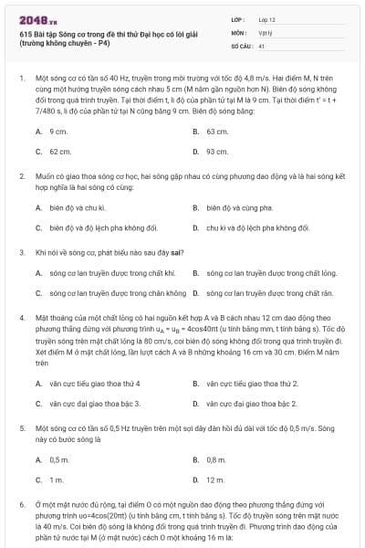 615 Bài tập Sóng cơ trong đề thi thử Đại học có lời giải (trường không chuyên - P4)