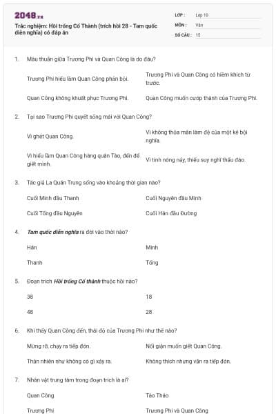 Trắc nghiệm: Hồi trống Cổ Thành (trích hồi 28 - Tam quốc diễn nghĩa) có đáp án