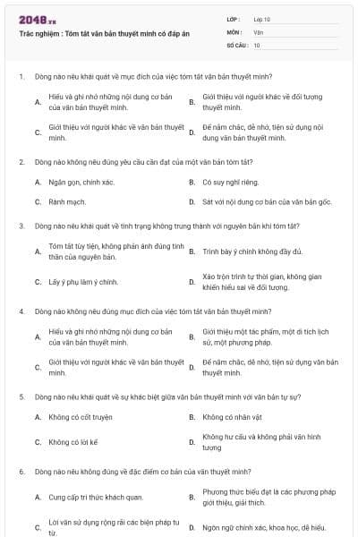 Trắc nghiệm : Tóm tắt văn bản thuyết minh có đáp án