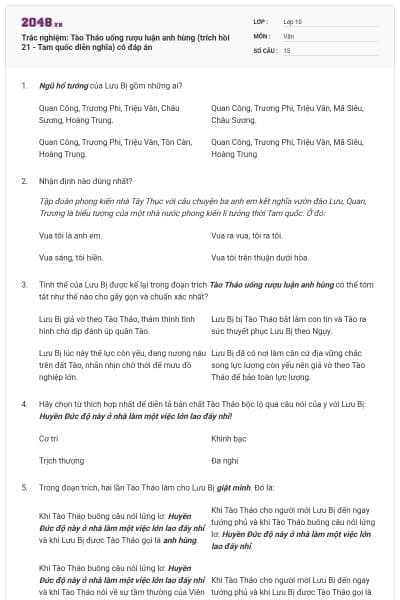 Trắc nghiệm: Tào Tháo uống rượu luận anh hùng (trích hồi 21 - Tam quốc diễn nghĩa) có đáp án