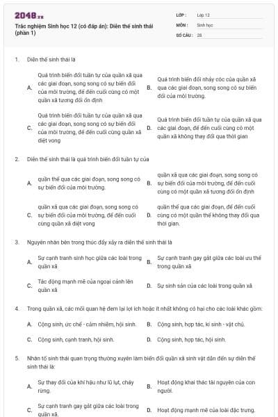 Trắc nghiệm Sinh học 12 (có đáp án): Diễn thế sinh thái (phần 1)