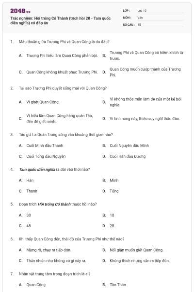 Trắc nghiệm: Hồi trống Cổ Thành (trích hồi 28 - Tam quốc diễn nghĩa) có đáp án