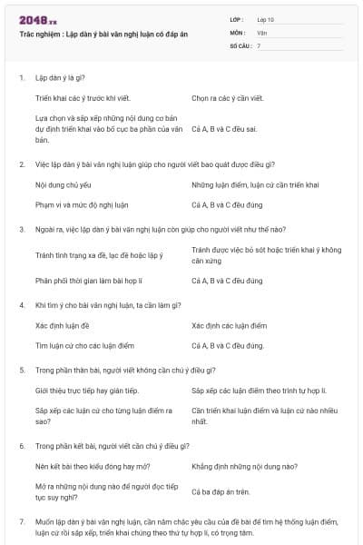 Trắc nghiệm : Lập dàn ý bài văn nghị luận có đáp án