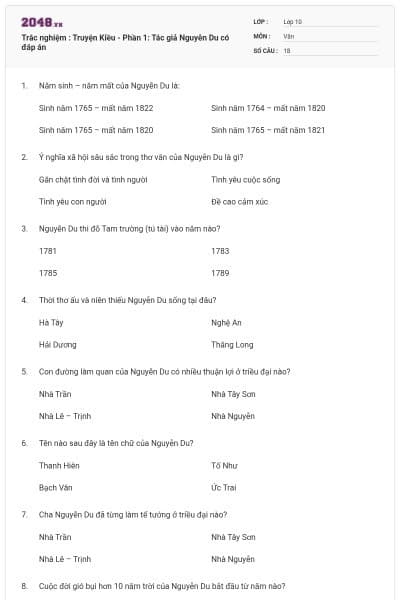 Trắc nghiệm : Truyện Kiều - Phần 1: Tác giả Nguyễn Du có đáp án