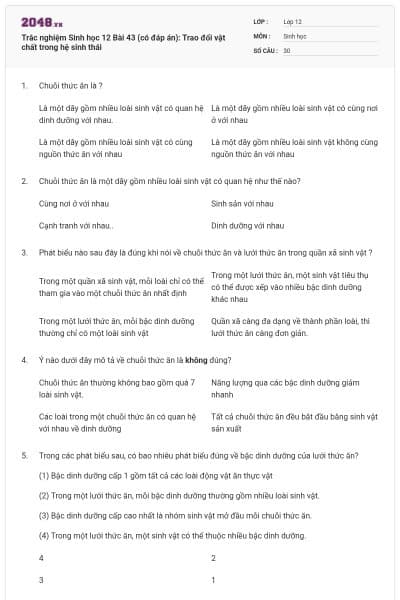 Trắc nghiệm Sinh học 12 Bài 43 (có đáp án): Trao đổi vật chất trong hệ sinh thái