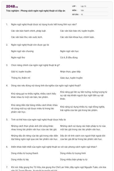 Trắc nghiệm : Phong cách ngôn ngữ nghệ thuật có đáp án