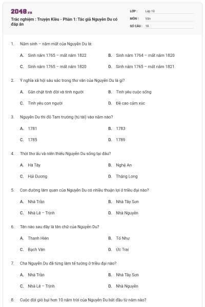 Trắc nghiệm : Truyện Kiều - Phần 1: Tác giả Nguyễn Du có đáp án