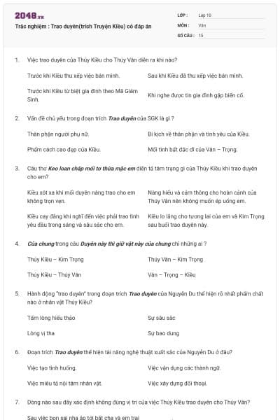 Trắc nghiệm : Trao duyên(trích Truyện Kiều) có đáp án