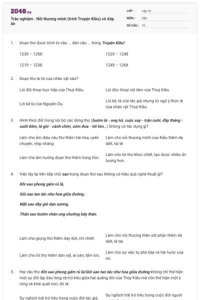 Trắc nghiệm : Nỗi thương mình (trích Truyện Kiều) có đáp án