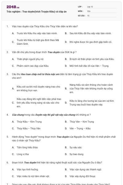 Trắc nghiệm : Trao duyên(trích Truyện Kiều) có đáp án