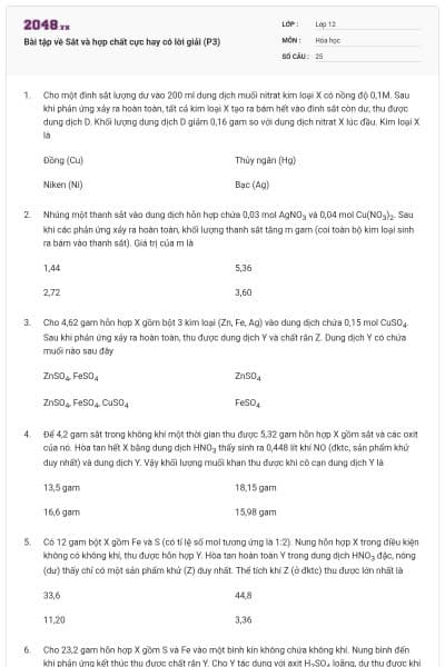 Bài tập về Sắt và hợp chất cực hay có lời giải (P3)