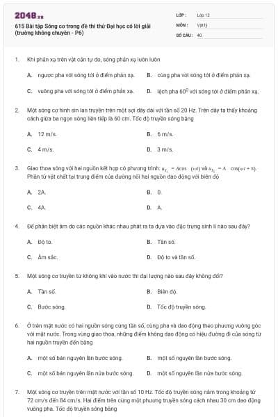 615 Bài tập Sóng cơ trong đề thi thử Đại học có lời giải (trường không chuyên - P6)